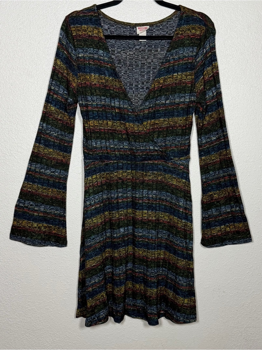Vintage Style S Striped Knit Ribbed V-Neck Sweater Mini Dress Bell Sleeve Retro